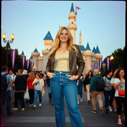 A realistic Fuji film style photo of a curvy 40-year-old blonde lady with long hair, dressed in a deep stone basic slinky long sleeve crop top and a stone basic faux leather biker jacket