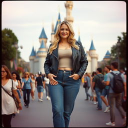 A realistic Fuji film style photo of a curvy 40-year-old blonde lady with long hair, dressed in a deep stone basic slinky long sleeve crop top and a stone basic faux leather biker jacket