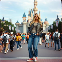 A realistic Fuji film style photo of a curvy 40-year-old blonde lady with long hair, dressed in a deep stone basic slinky long sleeve crop top and a stone basic faux leather biker jacket