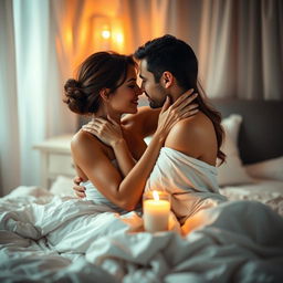 Romantic couple embracing passionately on a bed, intimate setting, warm candlelit glow, expressions of love and desire, gentle caresses, soft linens, blurred background to enhance focus on couple's connection, suggestive but tasteful atmosphere