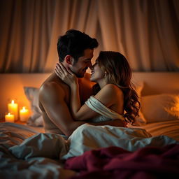 Romantic couple embracing passionately on a bed, intimate setting, warm candlelit glow, expressions of love and desire, gentle caresses, soft linens, blurred background to enhance focus on couple's connection, suggestive but tasteful atmosphere