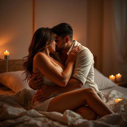 Romantic couple embracing passionately on a bed, intimate setting, warm candlelit glow, expressions of love and desire, gentle caresses, soft linens, blurred background to enhance focus on couple's connection, suggestive but tasteful atmosphere