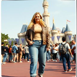 A realistic Fuji film style photo of a curvy 40-year-old blonde lady with long hair, dressed in a deep stone basic slinky long sleeve crop top and a stone basic faux leather biker jacket