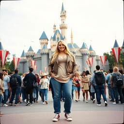 A realistic Fuji film style photo of a curvy 40-year-old blonde lady with long hair, dressed in a deep stone basic slinky long sleeve crop top and a stone basic faux leather biker jacket