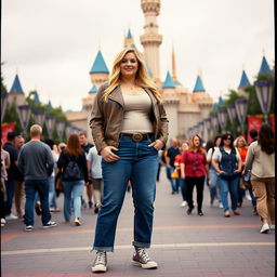 A realistic Fuji film style photo of a curvy 40-year-old blonde lady with long hair, dressed in a deep stone basic slinky long sleeve crop top and a stone basic faux leather biker jacket