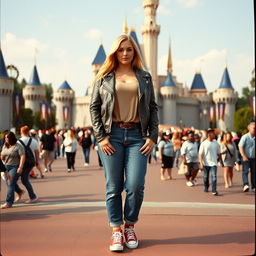 A realistic Fuji film style photo of a curvy 40-year-old blonde lady with long hair, dressed in a deep stone basic slinky long sleeve crop top and a stone basic faux leather biker jacket