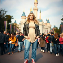 A realistic Fuji film style photo of a curvy 40-year-old blonde lady with long hair, dressed in a deep stone basic slinky long sleeve crop top and a stone basic faux leather biker jacket