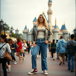 A realistic Fuji film style photo of a curvy 40-year-old blonde lady with long hair, dressed in a deep stone basic slinky long sleeve crop top and a stone basic faux leather biker jacket