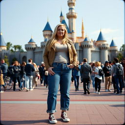 A realistic Fuji film style photo of a curvy 40-year-old blonde lady with long hair, dressed in a deep stone basic slinky long sleeve crop top and a stone basic faux leather biker jacket