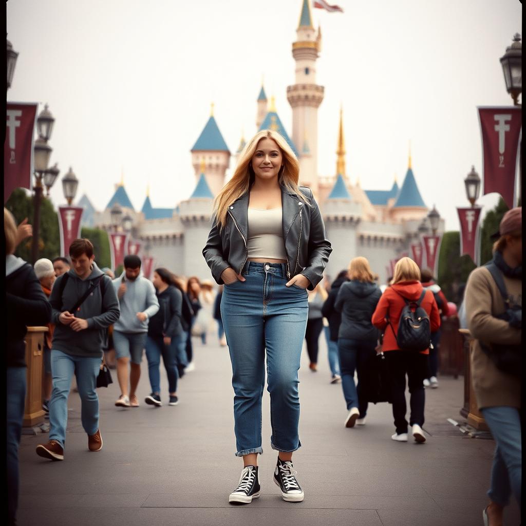 A realistic Fuji film style photo of a curvy 40-year-old blonde lady with long hair, dressed in a deep stone basic slinky long sleeve crop top and a stone basic faux leather biker jacket