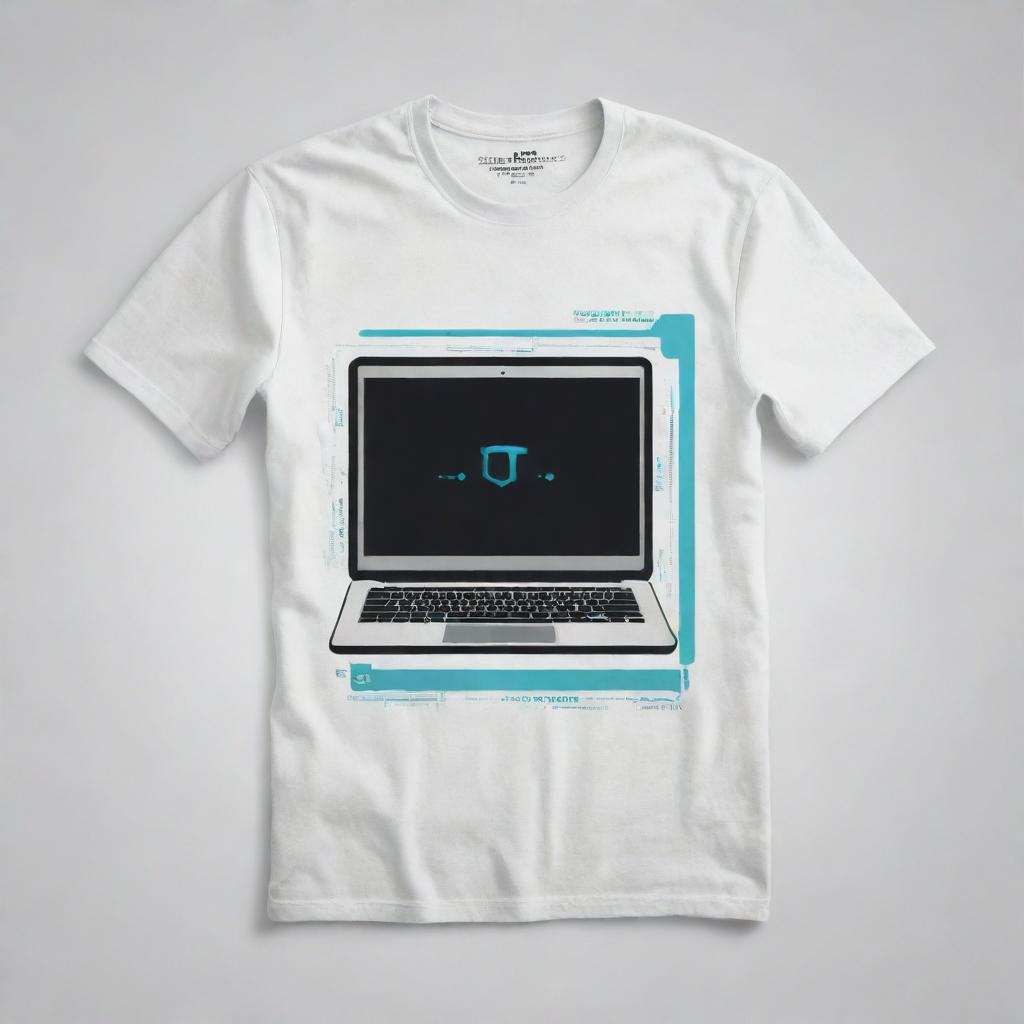 Create a simple, clean design for an information technology themed t-shirt. Include minimalistic elements such as a stylized laptop icon and the words 'Information Technology' in a plain, modern font.