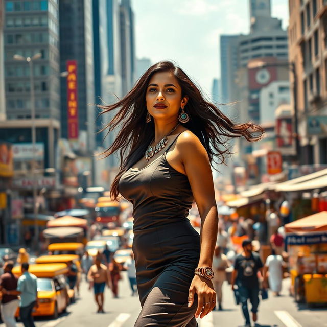 A stunning Indian woman with captivating, voluptuous curves, confidently walking through a vibrant and bustling city