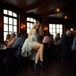 A 40-year-old curvy blonde woman poses seductively while seated in a busy beach bar in St Ives