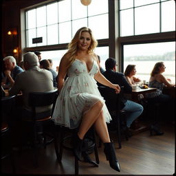 A 40-year-old curvy blonde woman poses seductively while seated in a busy beach bar in St Ives