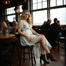 A 40-year-old curvy blonde woman poses seductively while seated in a busy beach bar in St Ives