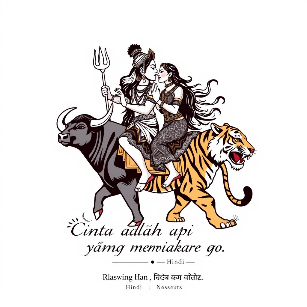 A t-shirt design featuring Shiva and Parvati kissing, with Shiva riding a buffalo and Parvati riding a tiger