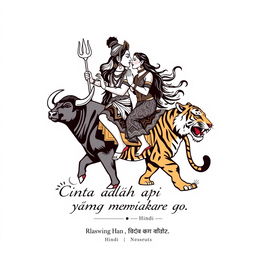 A t-shirt design featuring Shiva and Parvati kissing, with Shiva riding a buffalo and Parvati riding a tiger