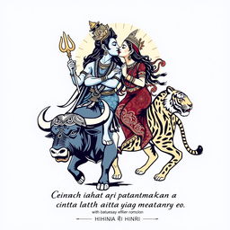 A t-shirt design featuring Shiva and Parvati kissing, with Shiva riding a buffalo and Parvati riding a tiger