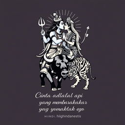 A t-shirt design featuring Shiva and Parvati kissing, with Shiva riding a buffalo and Parvati riding a tiger