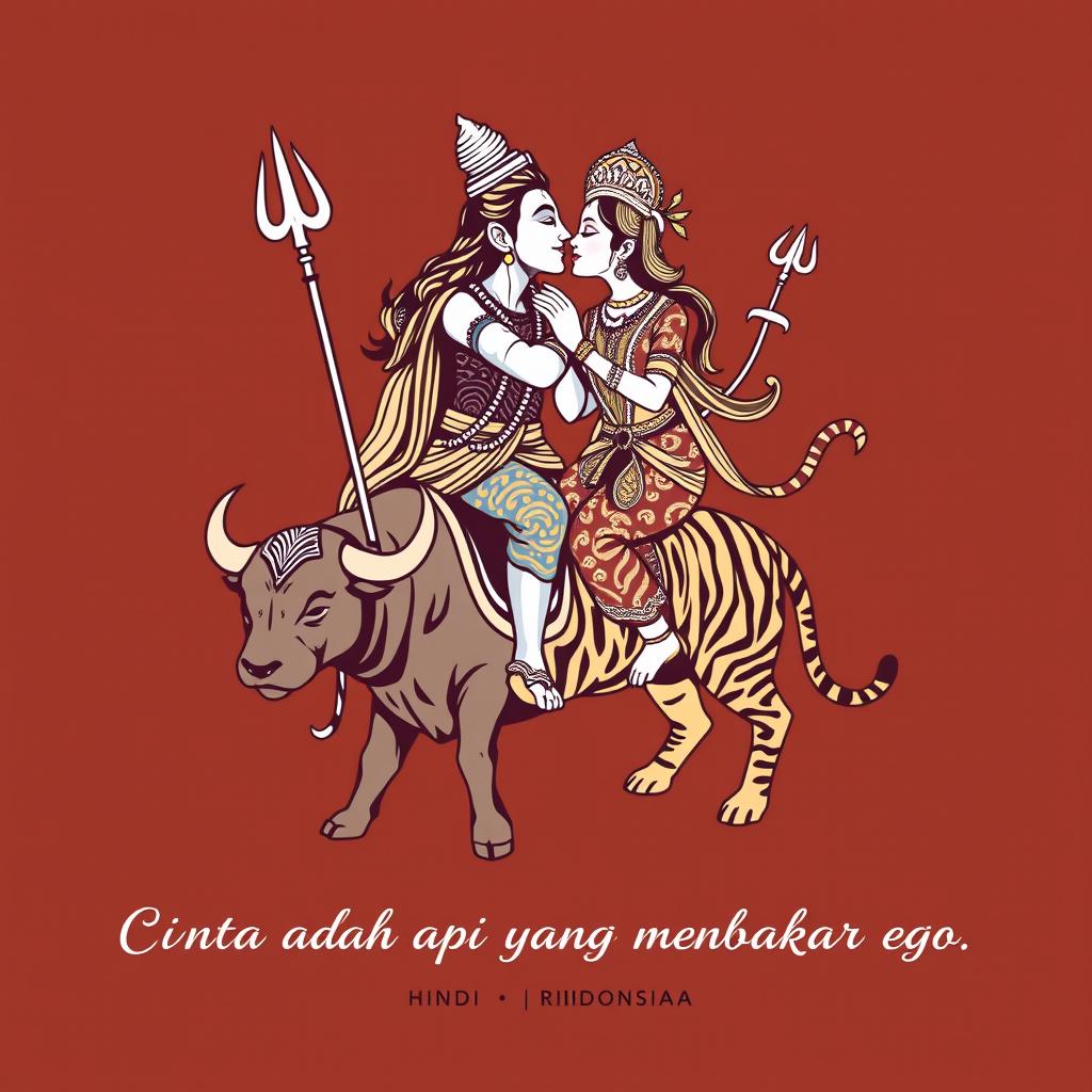 A t-shirt design featuring Shiva and Parvati kissing, with Shiva riding a buffalo and Parvati riding a tiger