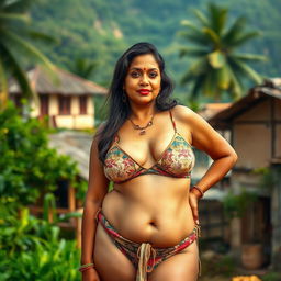 A sensual depiction of a voluptuous Indian woman, 51 years old, confidently wearing a stylish and revealing bikini