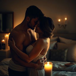 A passionate and intimate moment between a couple, captured in a warm and romantic atmosphere