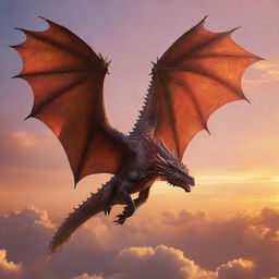 A majestic, fearsome dragon soaring through a sky ablaze with sunset hues, its scales shimmering in the dwindling light.