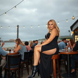 A 40-year-old chubby and curvy blonde woman poses seductively while seated in a bustling beach bar in St Ives