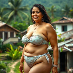 A sensual depiction of a voluptuous white-complexioned Indian woman, 51 years old, confidently wearing a stylish and revealing bikini