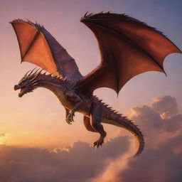 A majestic, fearsome dragon soaring through a sky ablaze with sunset hues, its scales shimmering in the dwindling light.