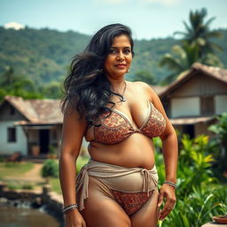 A sensual depiction of a voluptuous white-complexioned Indian woman, 51 years old, confidently wearing a stylish and revealing bikini