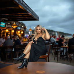 A 40-year-old chubby and curvy blonde woman poses seductively while seated in a bustling beach bar in St Ives