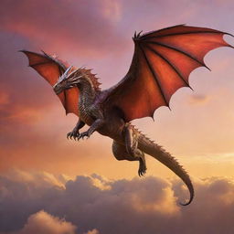 A majestic, fearsome dragon soaring through a sky ablaze with sunset hues, its scales shimmering in the dwindling light.