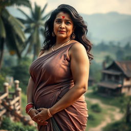 A captivating depiction of a voluptuous, white-complexioned Indian woman, 51 years old, elegantly draped in a stylish and seductive saree