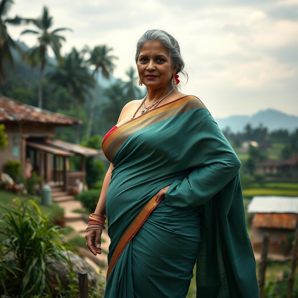 A captivating depiction of a voluptuous, white-complexioned Indian woman, 51 years old, elegantly draped in a stylish and seductive saree