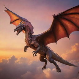 A majestic, fearsome dragon soaring through a sky ablaze with sunset hues, its scales shimmering in the dwindling light.