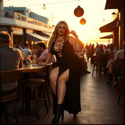 A 40-year-old chubby and curvy blonde woman posing seductively while seated in a bustling beach bar in St Ives