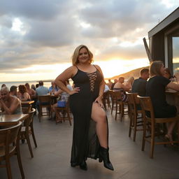 A 40-year-old chubby and curvy blonde woman is posing seductively while sitting in a busy beach bar in St Ives