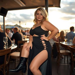 A 40-year-old chubby and curvy blonde woman is posing seductively while sitting in a busy beach bar in St Ives