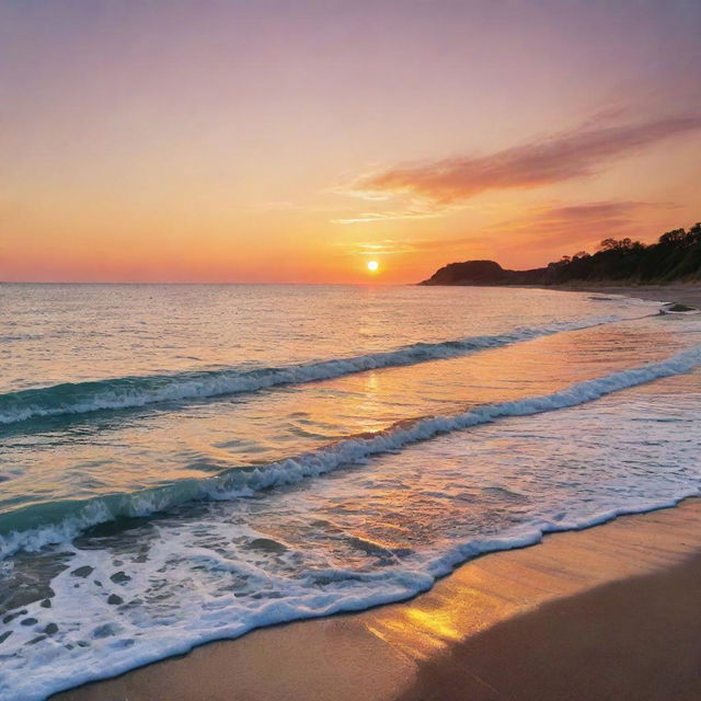 Generate an image of an enchanting summer sunset at a serene beach, with its warm hues softly reflecting on the calm sea waves.