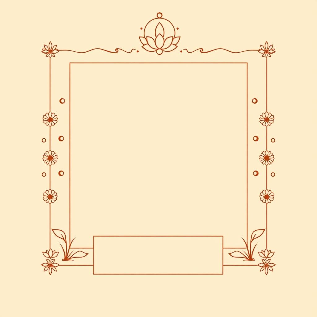 Design a simple yet elegant square border inspired by Hindu mythology, incorporating subtle motifs like lotus flowers, gentle wave patterns, and small celestial symbols to maintain a spiritual touch