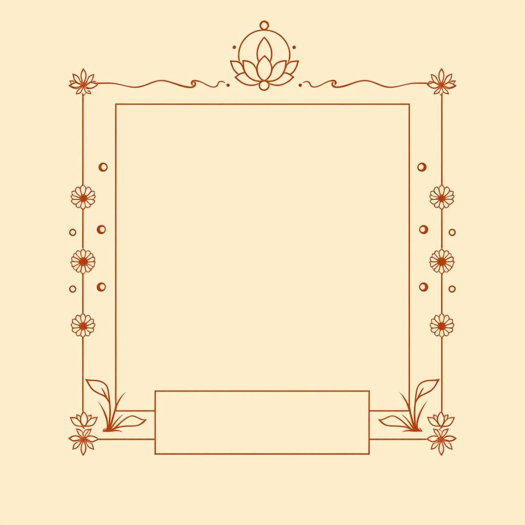 Design a simple yet elegant square border inspired by Hindu mythology, incorporating subtle motifs like lotus flowers, gentle wave patterns, and small celestial symbols to maintain a spiritual touch