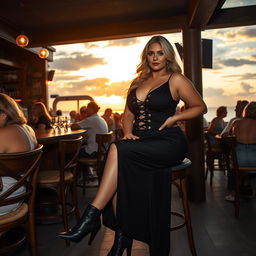 A realistic and natural portrayal of a 40-year-old chubby and curvy blonde woman posing seductively while seated in a lively beach bar in St Ives