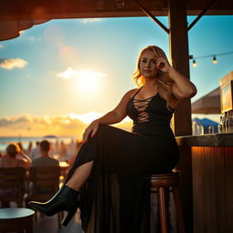 A realistic and natural portrayal of a 40-year-old chubby and curvy blonde woman posing seductively while seated in a lively beach bar in St Ives