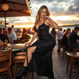 A 40-year-old chubby and curvy blonde woman posing seductively while seated in a lively beach bar in St Ives