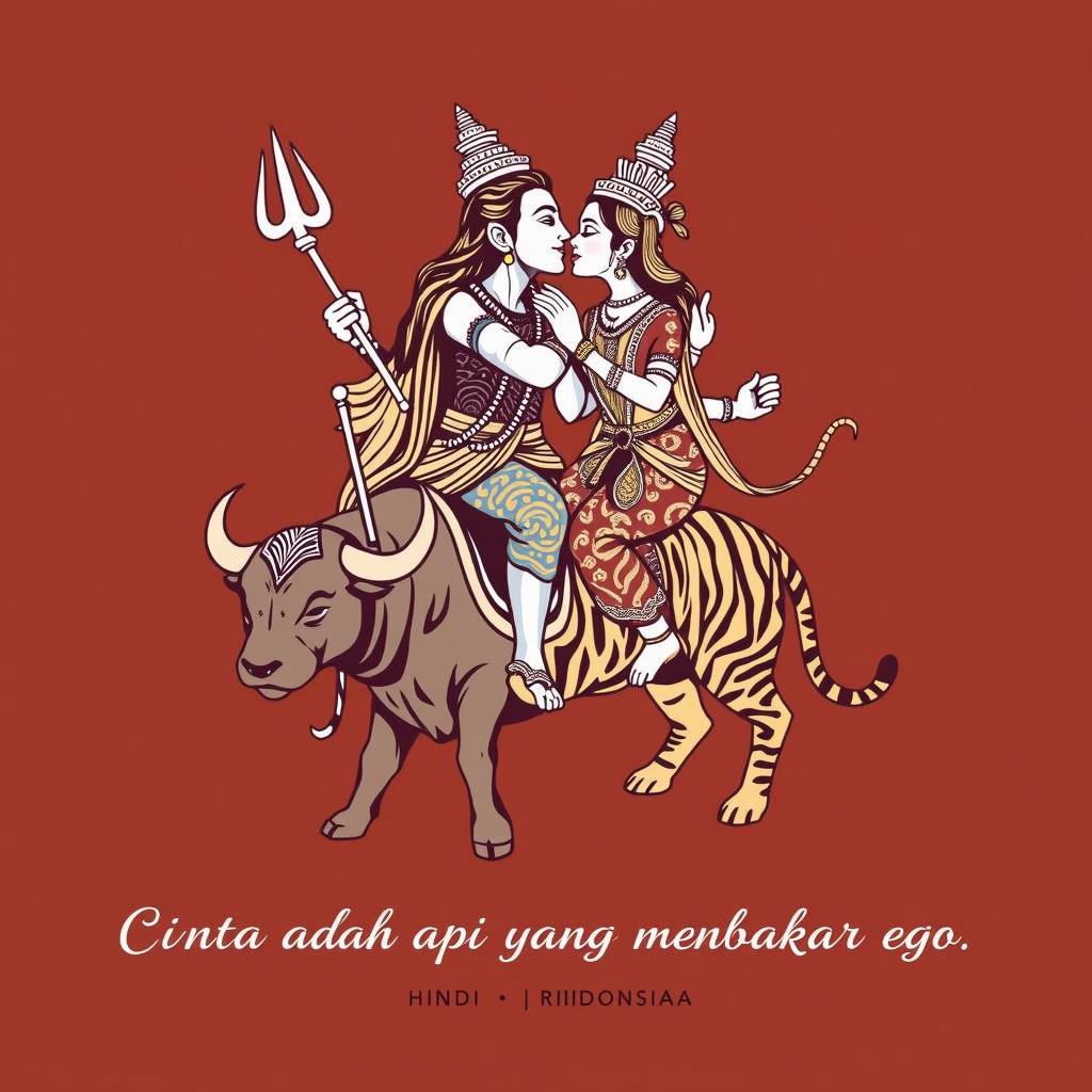 A t-shirt design featuring Shiva and Parvati kissing, with Shiva riding a buffalo and Parvati riding a tiger