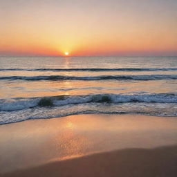 Generate an image of an enchanting summer sunset at a serene beach, with its warm hues softly reflecting on the calm sea waves.