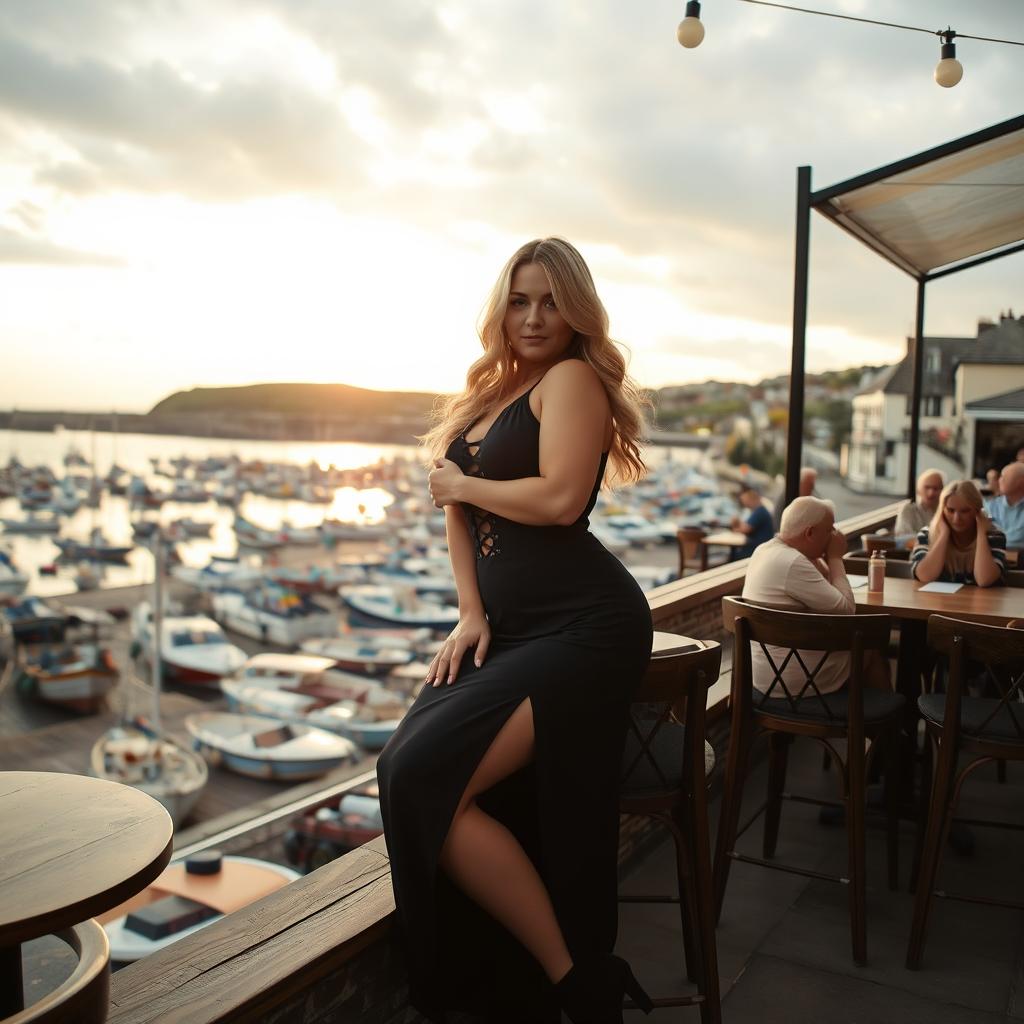 A 40-year-old chubby and curvy blonde woman posing seductively while seated in a bustling beach bar in Lyme Regis