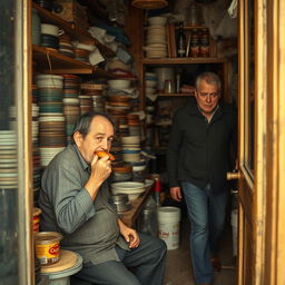 A scene inside a small, cluttered store