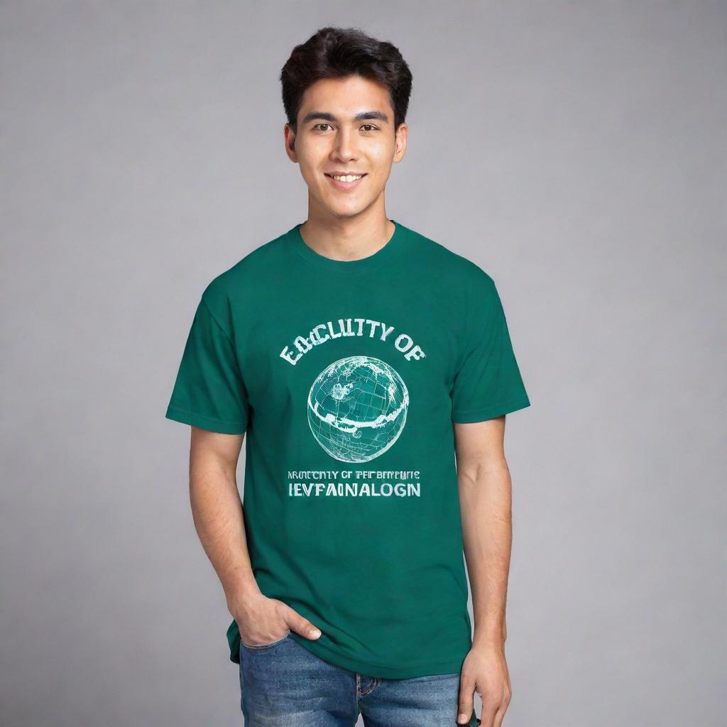 Maintain the front design of the information technology themed t-shirt. On the back, add the phrase 'Faculty of Information Technology' in a simple, modern font.